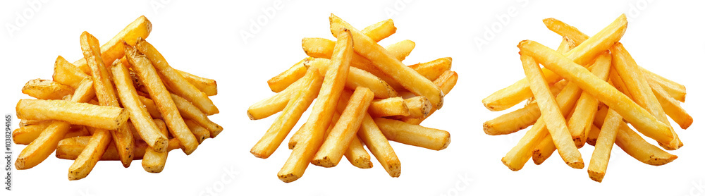 Realistic servings of french fries in golden crisp texture isolated on transparent background perfect for fast food menus or snack ads Realistic servings of french fries in golden crisp texture isolated on transparent background perfect for fast food menus or snack ads