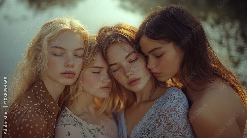 Fototapeta premium Four girls with freckles are standing by the water, their faces with their eyes closed seem to reflect the tranquility of nature around.