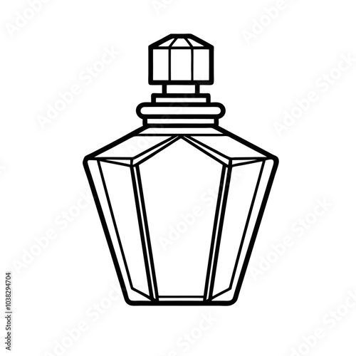 
Perfume glass bottle realistic transparent, abstract geometric technical, blank white cosmetic cone shape bottle cap vector illustration