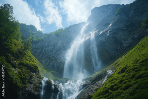 landscape of austria, waterfall in the alps, green grassy rocks, sunshine through misty atmosphere, blue sky, photorealistic