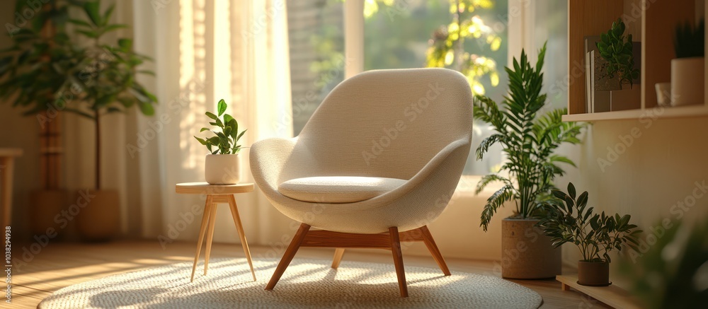 Fototapeta premium Modern white armchair with wooden legs and a side table in a bright living room with large windows and potted plants.