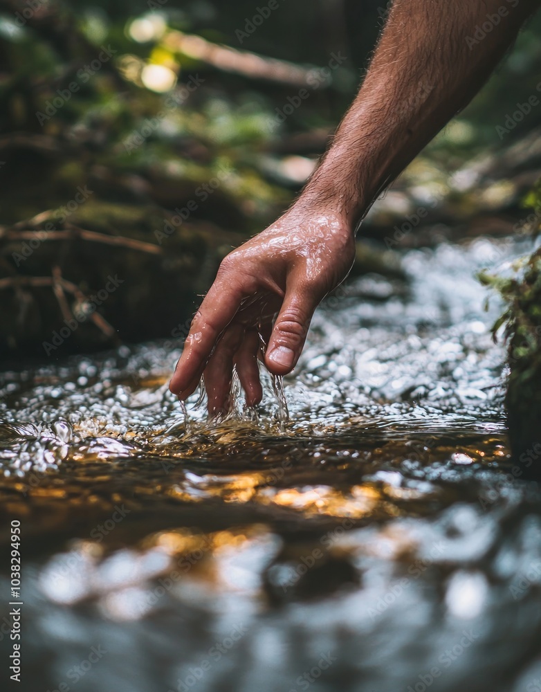 Close-up of a hand, reaching into water to make the motion of drinking from a stream, with the reflection visible in the water. The background is blurred, showing a natural setting with natural lighti Close-up of a hand, reaching into water to make the motion of drinking from a stream, with the reflection visible in the water. The background is blurred, showing a natural setting with natural lighti