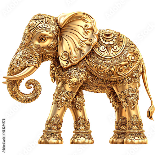 A stunning golden elephant sculpture, intricately detailed with ornate patterns and textures, symbolizing strength and wisdom.,Transparent background photo