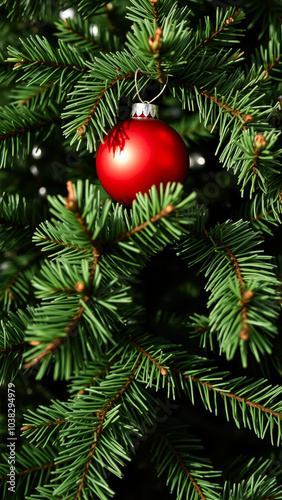 red christmas ornament on a pine branch