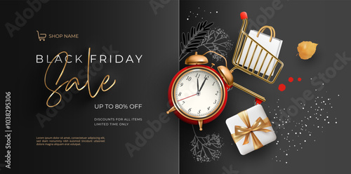 Abstract background of Black Friday sales with golden shopping cart, gifts and alarm clock