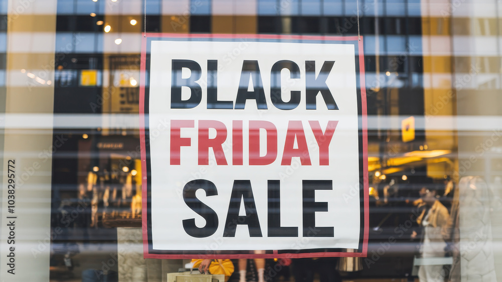 Obraz premium Black Friday sale sign in store window, attracting shoppers with excitement