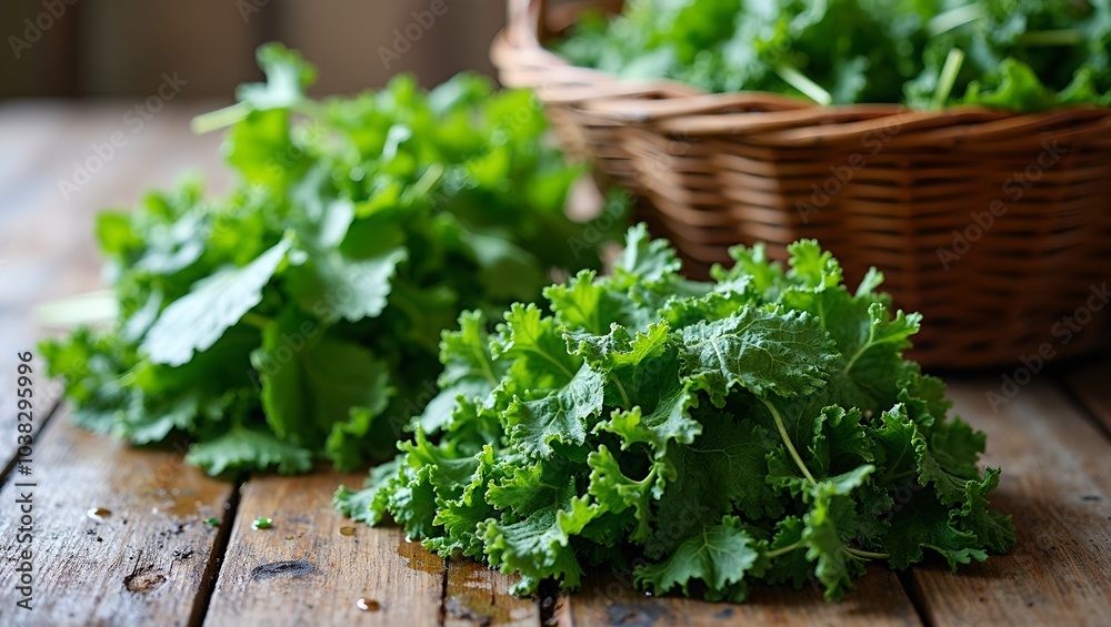 Freshly harvested organic lettuces spinach and kale on wooden table with water droplets