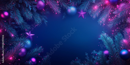 Christmas layout with christmas tree branches, christmas decorations in vibrant neon glow. copy space. top view. flat lay