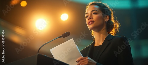 Confident businesswoman giving a speech on stage, looking away from camera.
