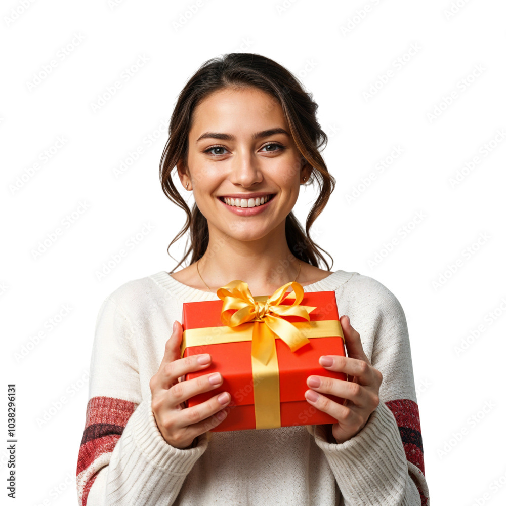 Woman with red gift box transparent background png Woman with red gift box transparent background png