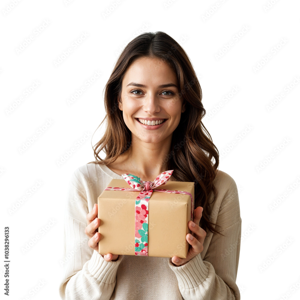 Woman with gift box transparent background png Woman with gift box transparent background png