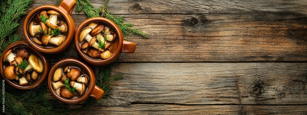 Fototapeta premium top view Wild mushrooms in brown cups on rustic wooden background