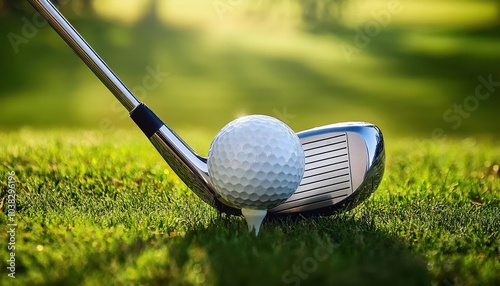 Precision in Golf. Close-up of a Shiny Metal Golf Club Head Poised on a Dew Covered Fairway at Sunrise, Emphasizing Focus and Technique for a Perfect Swing in Outdoor Sporting Activity