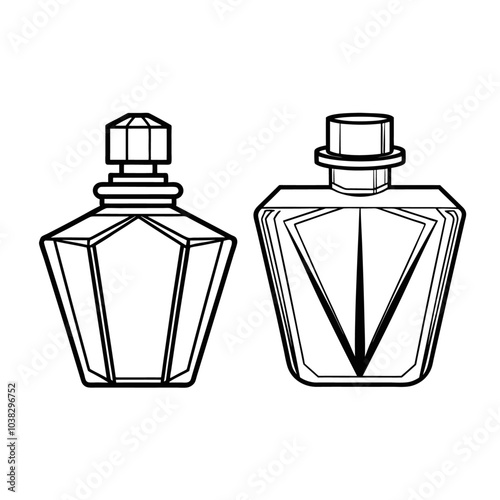 
Perfume glass bottle realistic transparent, abstract geometric technical, blank white cosmetic cone shape bottle cap vector illustration