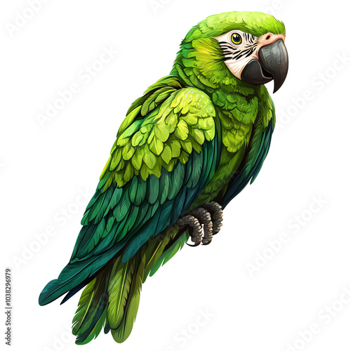 A vibrant green parrot perched gracefully, showcasing intricate feather patterns and a bold beak.,Transparent background photo