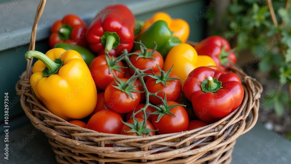 Freshly picked bell peppers and tomatoes in a wicker basket on a sunny wooden porch Freshly picked bell peppers and tomatoes in a wicker basket on a sunny wooden porch
