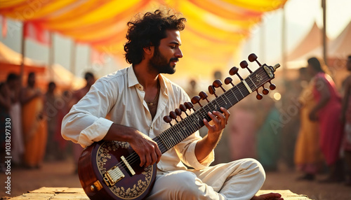 Wallpaper Mural Musician Playing Sitar Under Vibrant Festival Canopy, Immersed in Cultural Celebration, Warm Golden Light, Indian Heritage, Artistic Elegance, Serene Expression Torontodigital.ca