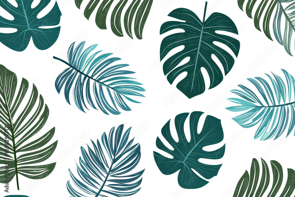 Fototapeta premium Colorful tropical leaves pattern on a transparent background. featuring various shades of green and blue for vibrant, exotic design elements.