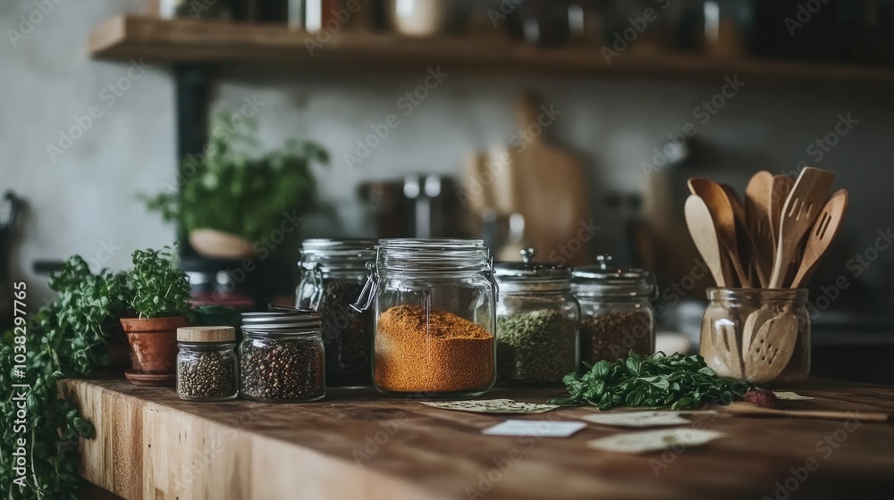Fototapeta premium Rustic Kitchen Scene with Spices and Fresh Herbs