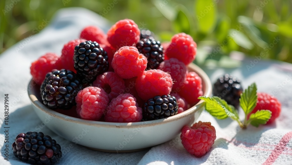 Fresh raspberries and blackberries in ceramic bowl on picnic blanket bathed in sunlight Fresh raspberries and blackberries in ceramic bowl on picnic blanket bathed in sunlight