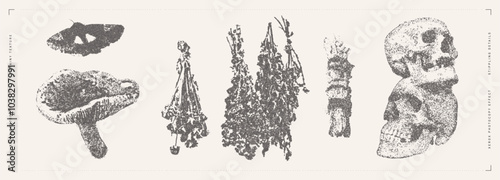 Halloween vector illustration collection. Trendy stippling photocopy effect