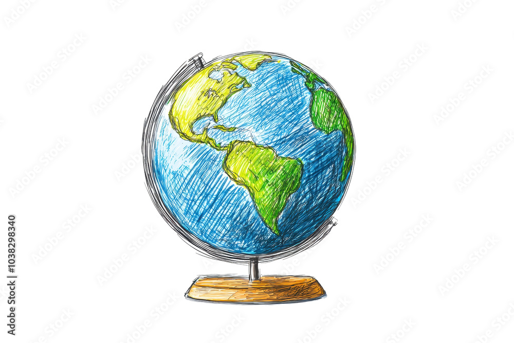 Colorful sketch of a globe displaying continents on a wooden stand, symbolizing global exploration and geographical learning. Colorful sketch of a globe displaying continents on a wooden stand, symbolizing global exploration and geographical learning.