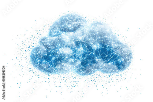 Digital cloud of glowing connections symbolizing network data exchange and futuristic technology in a transparent blue design.