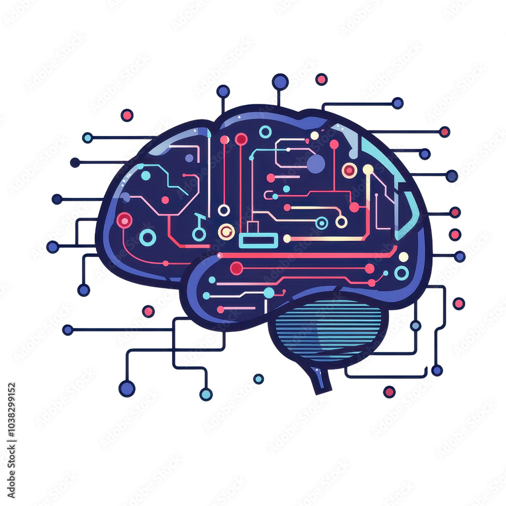 Obraz premium Digital brain illustration representing artificial intelligence, data processing, and technology innovation in a modern abstract style.