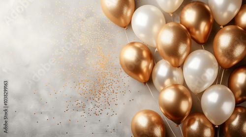 Wallpaper Mural Elegant gold and white balloons with glitter confetti on festive background. Birthday banner with copy space Torontodigital.ca