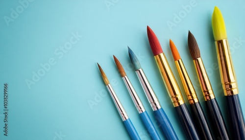 Set of Round Tip Artist Paint Brushes with Wooden Handles on Light Blue Background. Perfect for Fine Detailing, Blending, and Layering in Watercolor, Acrylic, and Oil Painting Techniques for Beginners