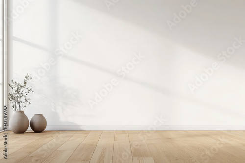 serene interior scene featuring minimalist design with wooden flooring and bright, empty wall. Two simple vases with plant add touch of nature, creating calm atmosphere