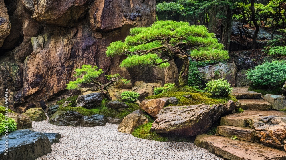 Serene Japanese Garden Landscape with Rocks and Pines Serene Japanese Garden Landscape with Rocks and Pines