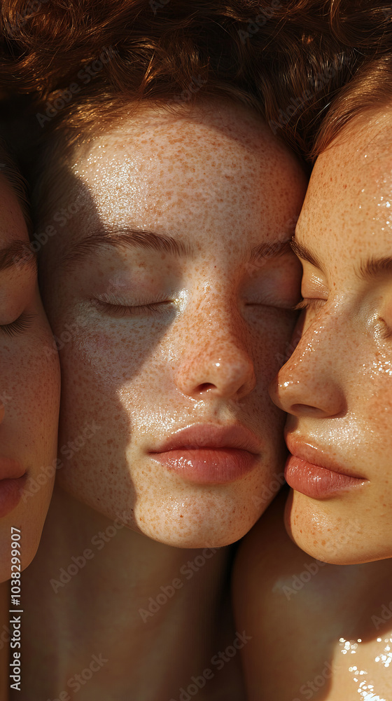Skin shining from moisture, freckles and closed eyes convey peace and tenderness through the soft touches of three persons. Skin shining from moisture, freckles and closed eyes convey peace and tenderness through the soft touches of three persons.