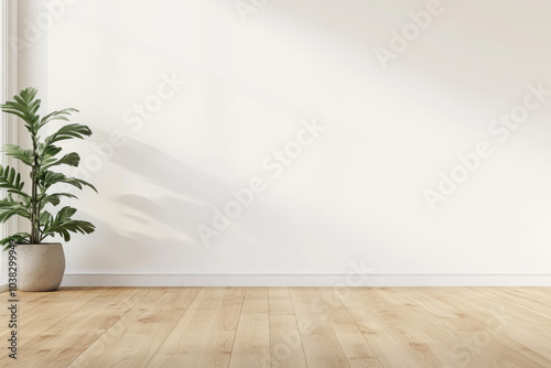 bright and airy interior space featuring minimalist design with potted plant against clean white wall. warm wooden floor adds touch of natural elegance, creating serene atmosphere