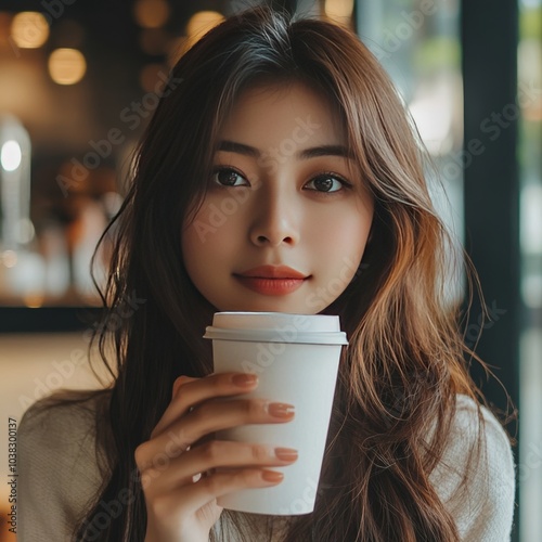 Asian lady drinks coffee in cafe looking serene.