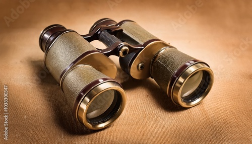 Elegant Vintage Brass Binoculars with Leather Accents on Textured Background. Classic Collectible Field Optics for Birdwatching, Nature Exploration, or Antique Enthusiast Display