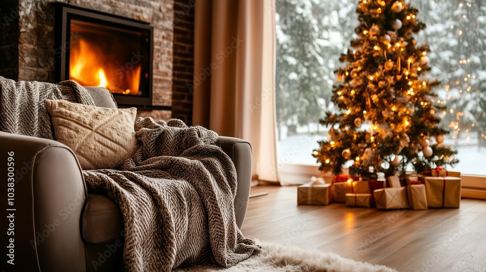 Fototapeta premium A cozy living room with a warm fireplace and a beautifully decorated Christmas tree, perfect for winter gatherings.