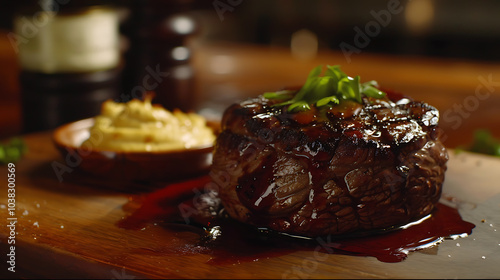 gourmet food photography, high-definition photo of beef tenderloin on a wooden board with red wine sauce, served with celery puree side lighting highlights textures blurred kitchen counter in the photo