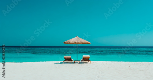 Fototapeta Naklejka Na Ścianę i Meble -  A beautiful white sandy beach with two sun loungers and an umbrella in the middle of it