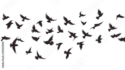 Flock of birds flying in the sky, vector illustration. Silhouette of many little starlings flying together. Snowy white.