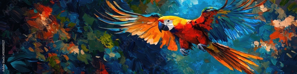 Obraz premium bird multi-colored showcases flying. selective focus