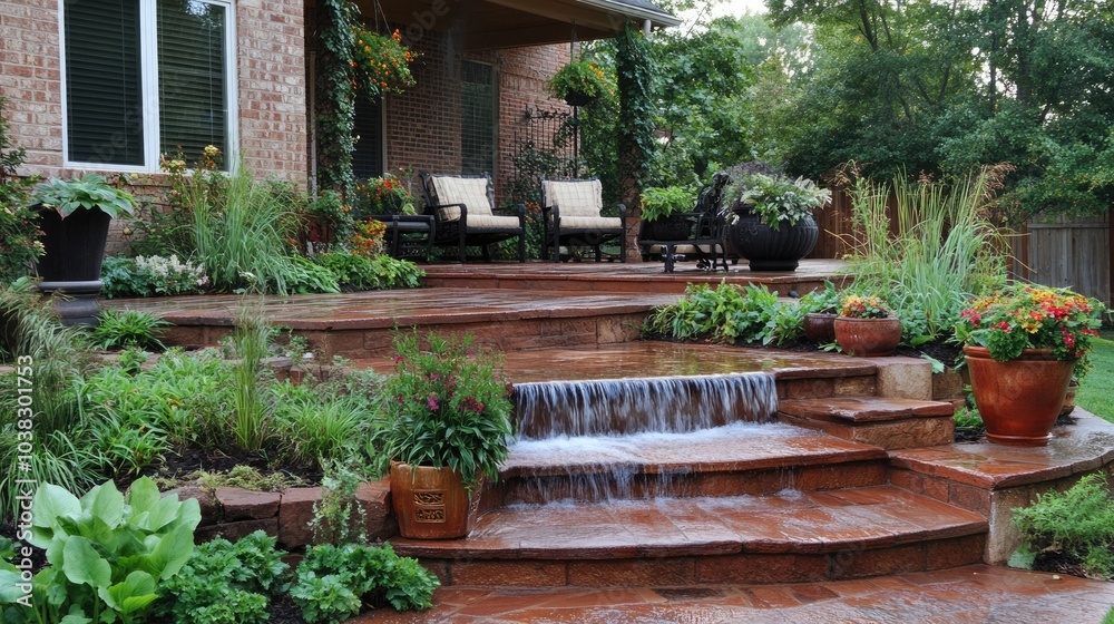 Serene Backyard Oasis with Water Feature and Greenery