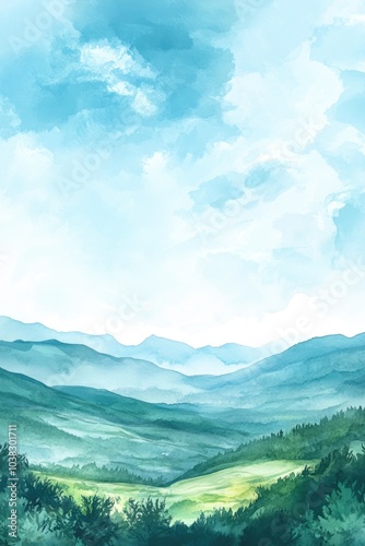 Hand painted watercolor landscape with rocky mountains under the morning sky