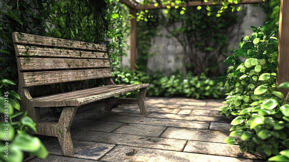 Peaceful garden bench amidst lush greenery Peaceful garden bench amidst lush greenery