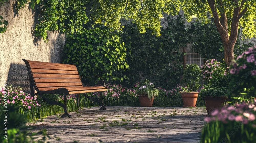 Serene Garden with Bench Surrounded by Flowers