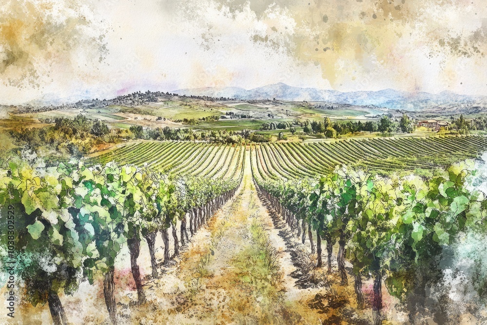 Naklejka premium Rural Vineyard Landscape. Watercolor Illustration of Grape Field in Scenic Countryside