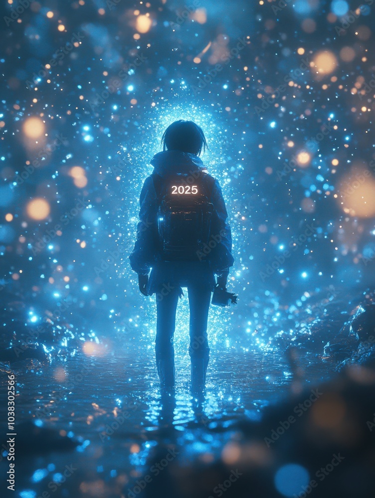 Someone standing in a field of blue lights with a backpack, 2025 year Someone standing in a field of blue lights with a backpack, 2025 year