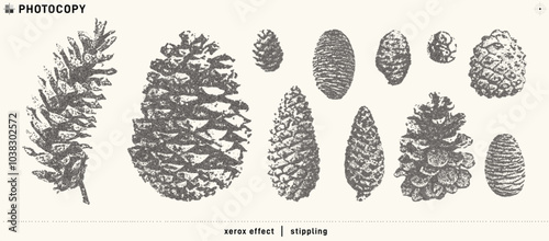 Pine cones set. Christmas stippling photocopy illustration