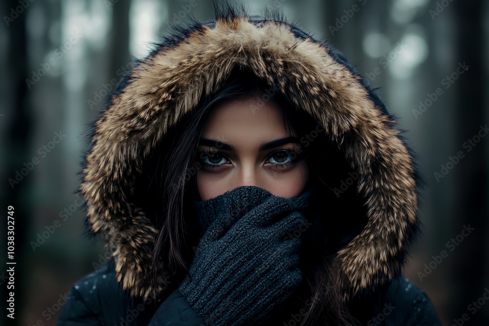 A beautiful woman wearing an oversized dark jacket with fur trim on the hood A beautiful woman wearing an oversized dark jacket with fur trim on the hood