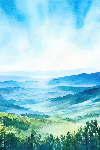 Serene Mountain Landscape: Hand-Painted Watercolor View with Blue Sky and Copy Space